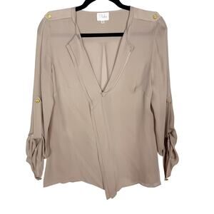 Parker XSmall XS Light Brown Beige Silk Split V Neck Blouse Roll Tab Sleeves